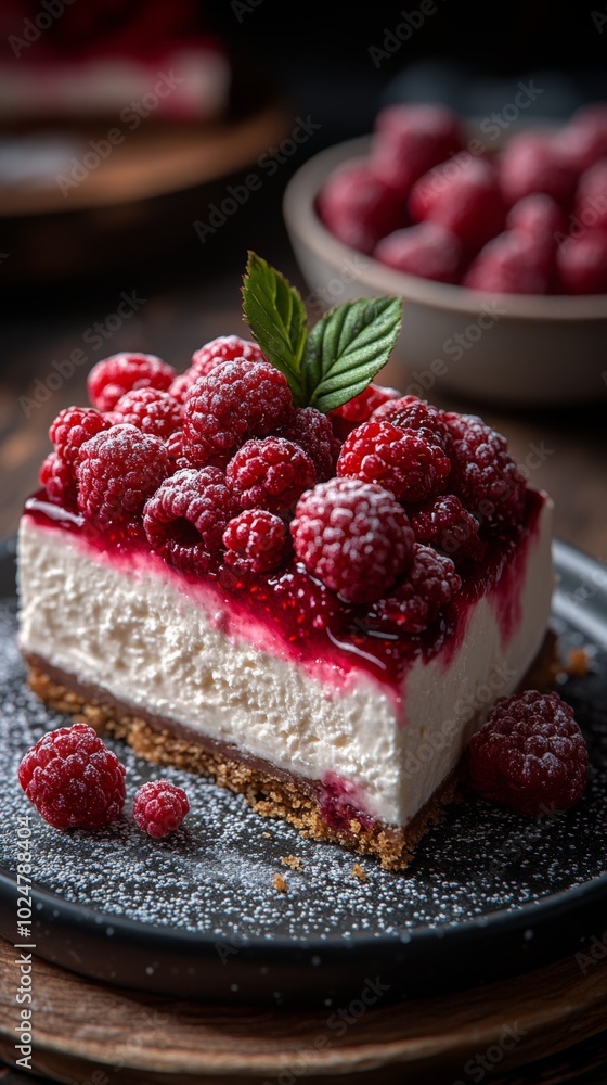 Raspberry Cheesecake with Fresh Berries on a Plate, a Delicious and Sweet Dessert Treat Raspberry Cheesecake with Fresh Berries on a Plate, a Delicious and Sweet Dessert Treat