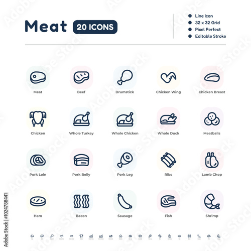 Meat Icon Set – 20 Simple Line Icons with Editable Stroke, 32x32 Pixel Perfect Vector
