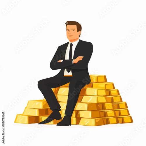 A businessman confidently sits on a pile of gold bars, symbolizing wealth and success.