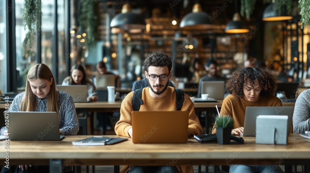 People working on laptops in a modern cafe with wooden tables and hanging plants, creating a collaborative workspace environment. People working on laptops in a modern cafe with wooden tables and hanging plants, creating a collaborative workspace environment.