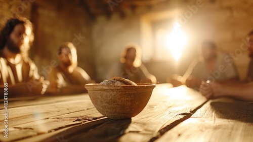 A close-up of bread at the Last Supper with the apostles softly blurred in the background.