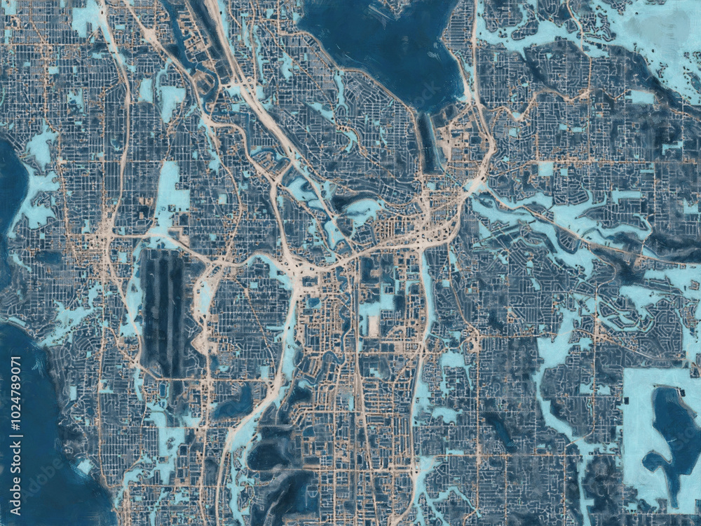 Elevation Map Renton Painterly Style City Map of Renton Washington, USA in a Blue Color ...