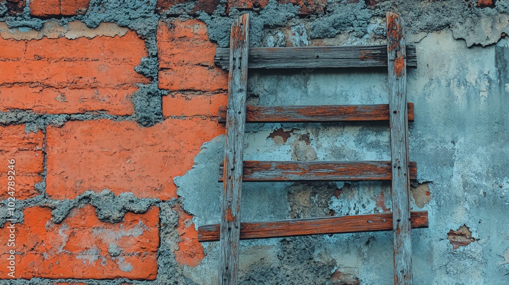 A weathered wooden ladder leans against a crumbling brick wall. A weathered wooden ladder leans against a crumbling brick wall.