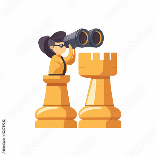 A character using binoculars while standing on a chess rook, symbolizing strategy and observation.