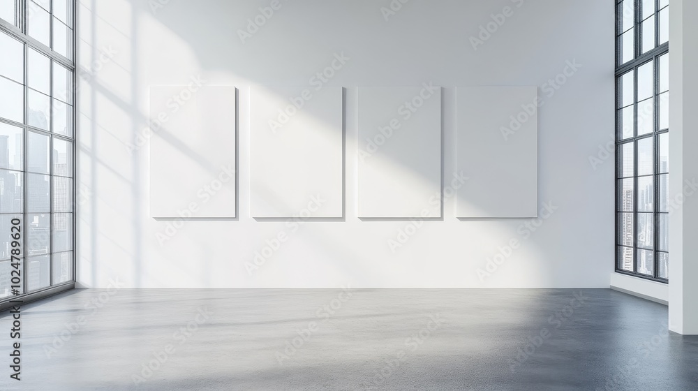 Minimalist Art Gallery with Blank Frames and Sunlight Minimalist Art Gallery with Blank Frames and Sunlight