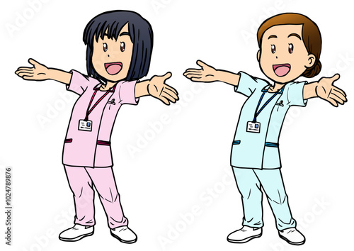笑顔で両手を広げる看護師の女性1