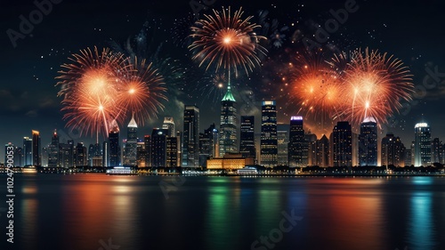 A vibrant display of fireworks illuminates the cityscape at night. The city skyline is reflected in the calm waters below.