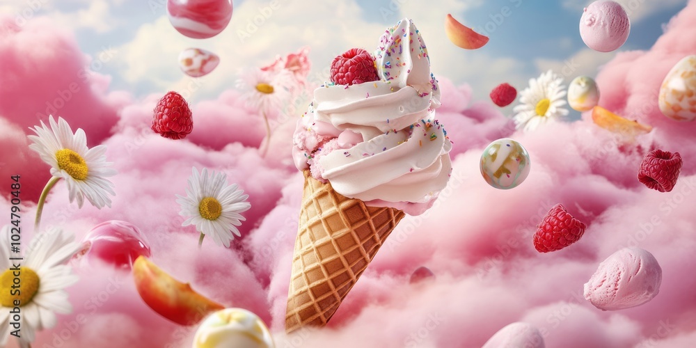 Soft, dreamy pink clouds filled with fluffy cotton candy and daisies, a creamy swirl of ice cream on a waffle cone adorned with sprinkles and fresh raspberries Soft, dreamy pink clouds filled with fluffy cotton candy and daisies, a creamy swirl of ice cream on a waffle cone adorned with sprinkles and fresh raspberries