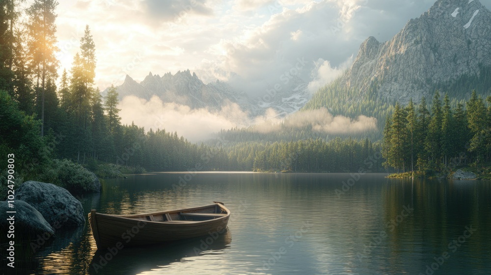 Obraz premium A beautiful shot of a small wooden boat on a serene mountain lake, surrounded by lush pine trees and dramatic cliffs, with soft sunlight filtering through the clouds, enhancing the natural beauty.