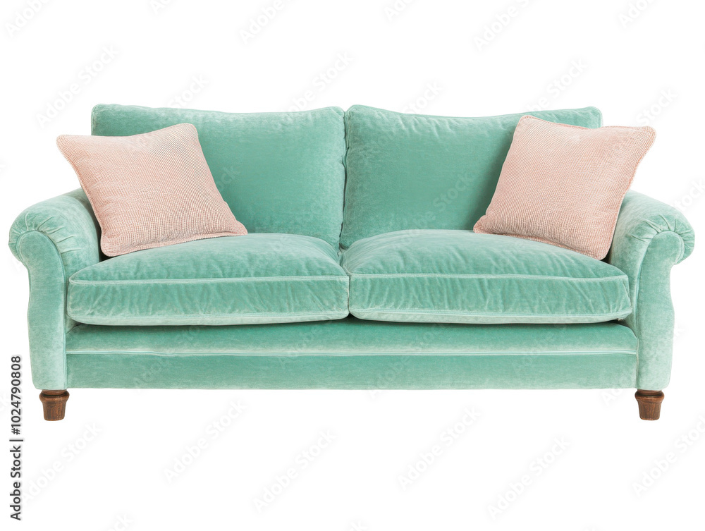 Elegant aqua sofa with pink cushions for stylish interior design Elegant aqua sofa with pink cushions for stylish interior design