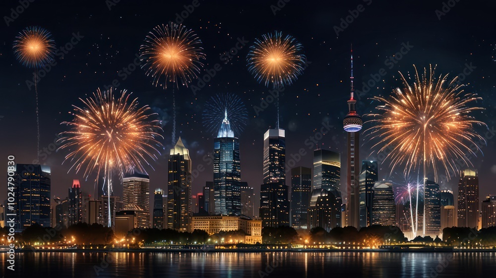 A vibrant cityscape skyline illuminated by a dazzling fireworks display. A vibrant cityscape skyline illuminated by a dazzling fireworks display.