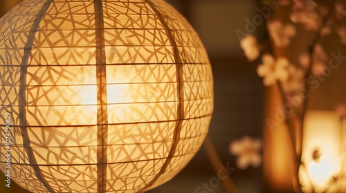 Artistic close-up shot of a beautifully designed paper lantern radiating warm light featuring subtle geometric patterns highlighting its aesthetic against a neutral background