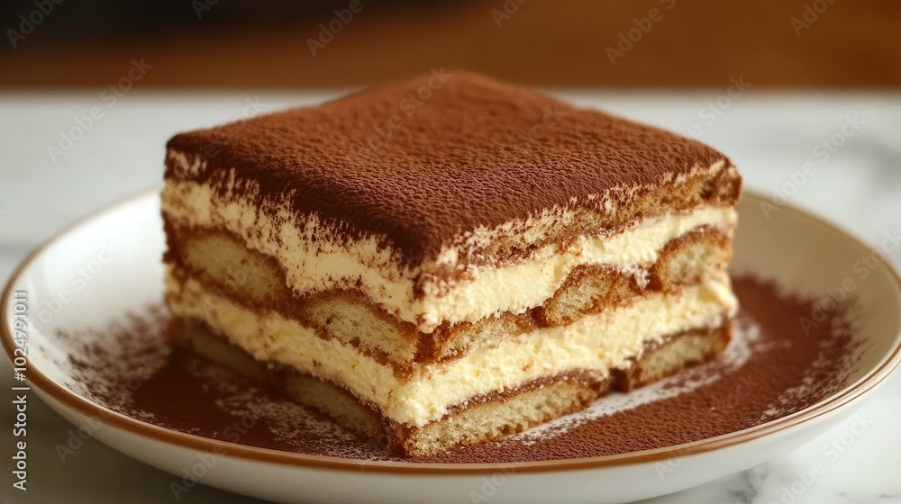 A beautifully angled shot of Tiramisu, capturing the intricate layers of mascarpone and cocoa, served on a classic plate, making this traditional dessert look even more tempting. A beautifully angled shot of Tiramisu, capturing the intricate layers of mascarpone and cocoa, served on a classic plate, making this traditional dessert look even more tempting.