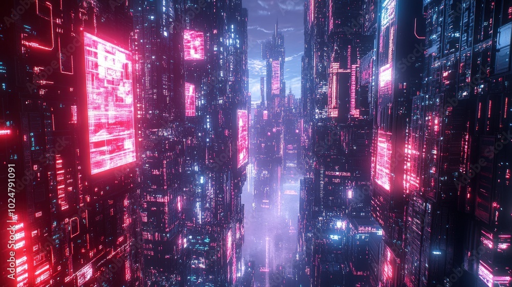 A futuristic city with glowing neon signs and intricate structures. A futuristic city with glowing neon signs and intricate structures.
