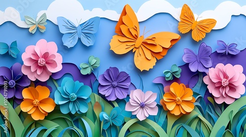 Multicolored paper cut butterflies in a garden scene with layered flowers, paper cut butterfly garden, colorful nature design photo