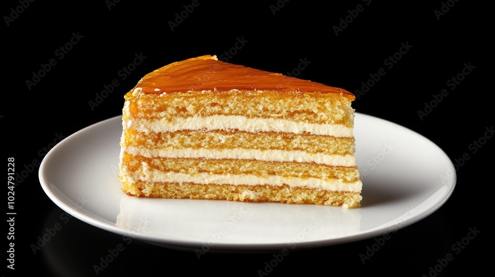 A beautifully layered slice of honey cake served on a white plate, placed against a black background. The contrast highlights the golden layers and creamy filling of the dessert. A beautifully layered slice of honey cake served on a white plate, placed against a black background. The contrast highlights the golden layers and creamy filling of the dessert.