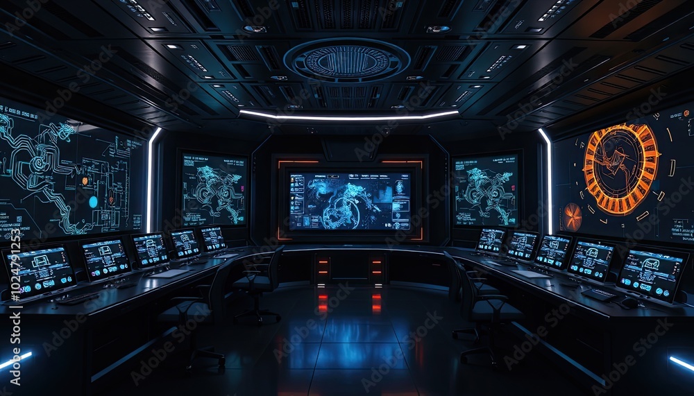 Obraz premium Dark futuristic control room with holographic displays, designed for advanced monitoring and real-time data visualization of critical systems. AI-generated