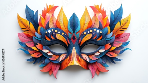 Paper cut carnival mask with vibrant, detailed feathers and patterns, perfect for a lively celebration, paper cut mask, colorful festive design