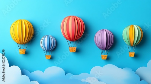 Paper cut hot air balloons in bright hues, floating in a clear sky for a playful decor, paper cut balloons, colorful whimsical design