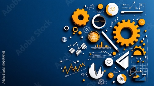 Abstract business background with gears, charts, and data elements.