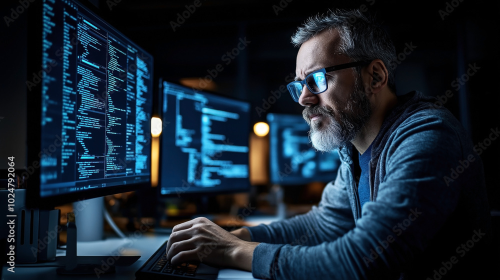 Middle-aged man with glasses coding on a computer in a dimly lit office. Multiple monitors display code, highlighting the focus on programming and technology work. Middle-aged man with glasses coding on a computer in a dimly lit office. Multiple monitors display code, highlighting the focus on programming and technology work.