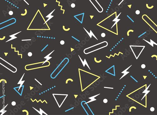 Motif graphique Mephis sans couture, styles tendance des années 80-90 sur fond noir. Motif coloré avec des objets de formes différentes. Conception pour papier d'emballage, fond de tissu, papier peint