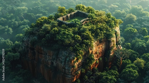 Majestic cliffside jungle oasis nestled in a lush verdant wilderness landscape Towering rocky cliffs rise from a densely forested valley creating a dramatic and enchanting natural setting