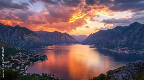 A breathtaking sunset view of Kotor's bay in Montenegro, with vibrant orange and pink hues reflecting off the calm waters, framed by majestic mountains and charming coastal villages.