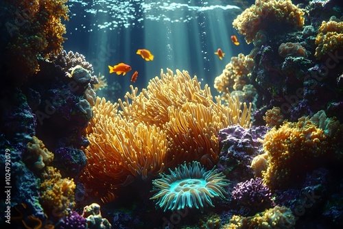 Wallpaper Mural A vibrant underwater scene with colorful coral, anemones, and fish swimming through the sunbeams. Torontodigital.ca