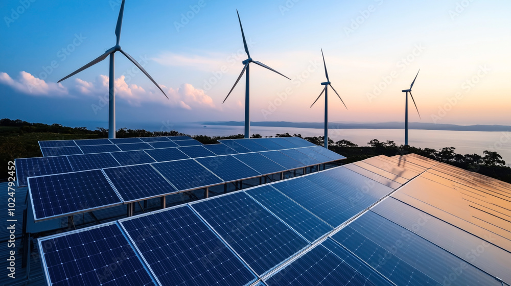 Φωτογραφία Solar panels and wind turbines in a renewable energy farm set against a scenic landscape during sunset, illustrating sustainable energy production methods