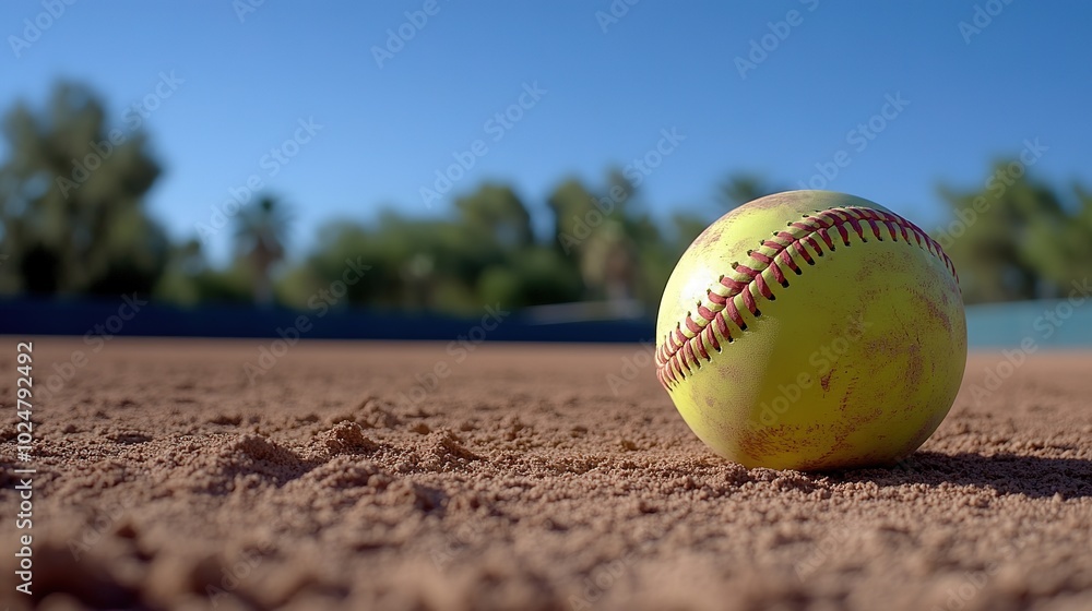 Bright Yellow Softball with Red Stitching Lying on Dirt Surface of a Baseball Field, Set Against Blurred Green Trees and Blue Sky Bright Yellow Softball with Red Stitching Lying on Dirt Surface of a Baseball Field, Set Against Blurred Green Trees and Blue Sky