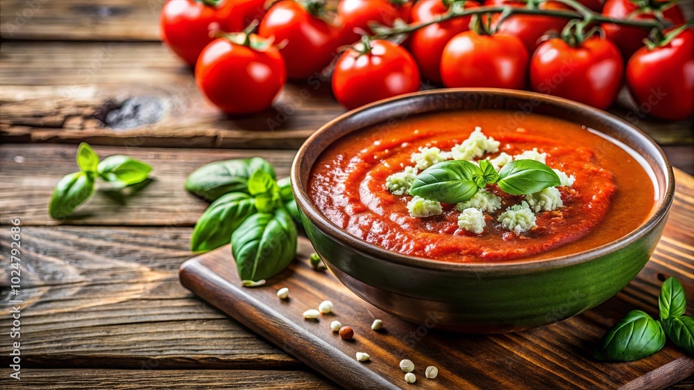 A bowl of vibrant red soup, garnished with fresh green basil leaves and crumbled cheese, sits on a rustic wooden surface surrounded by ripe red tomatoes. A bowl of vibrant red soup, garnished with fresh green basil leaves and crumbled cheese, sits on a rustic wooden surface surrounded by ripe red tomatoes.