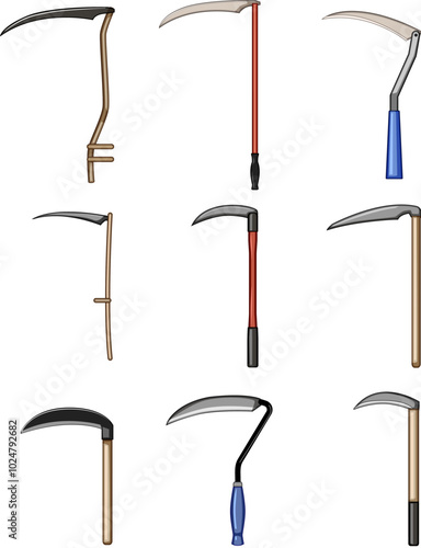 scythe set cartoon. tool grass, mowing agriculture, swing sharpen scythe sign. isolated symbol vector illustration