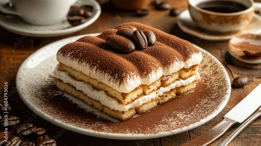 A captivating presentation of Tiramisu, showcasing the delicate layers of coffee-soaked ladyfingers and mascarpone, served on an elegant dish with a dusting of cocoa for a refined dessert experience. A captivating presentation of Tiramisu, showcasing the delicate layers of coffee-soaked ladyfingers and mascarpone, served on an elegant dish with a dusting of cocoa for a refined dessert experience.