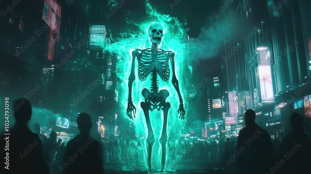 A skeleton burning with blue fire stands in a city illuminated by eerie green light, with people watching in awe and fear A skeleton burning with blue fire stands in a city illuminated by eerie green light, with people watching in awe and fear