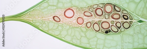 Leaf cross-section revealing intricate vascular system, detailed stomata arrangement, showcasing plant anatomy and functionality photo