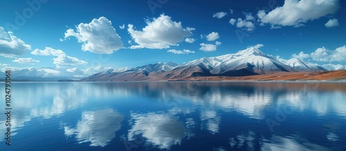 Breathtaking scenic landscape with majestic snow capped mountains reflecting in a tranquil alpine lake under a dramatic cloudy sky