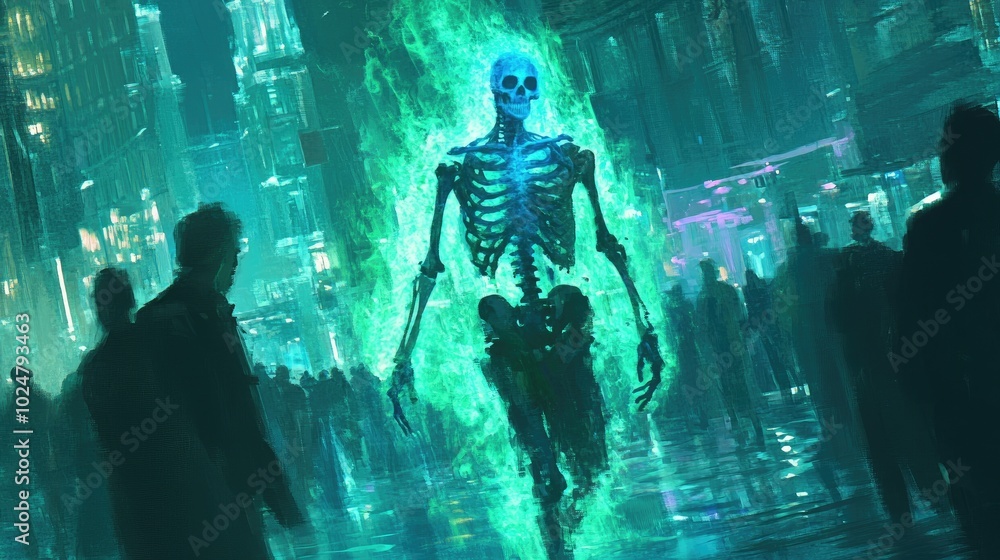 A skeleton with blue flames radiating, walking through a city drenched in green light, people frozen in shock A skeleton with blue flames radiating, walking through a city drenched in green light, people frozen in shock