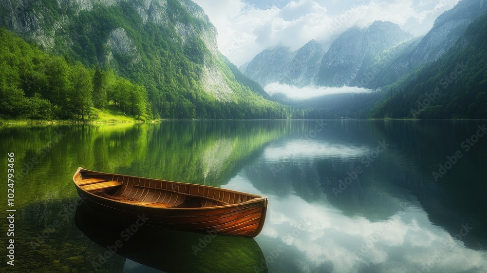 A charming photograph of a boat anchored in a mountain lake, with picturesque reflections of the surrounding landscape creating a serene atmosphere perfect for relaxation and contemplation. - A charming photograph of a boat anchored in a mountain lake, with picturesque reflections of the surrounding landscape creating a serene atmosphere perfect for relaxation and contemplation. -