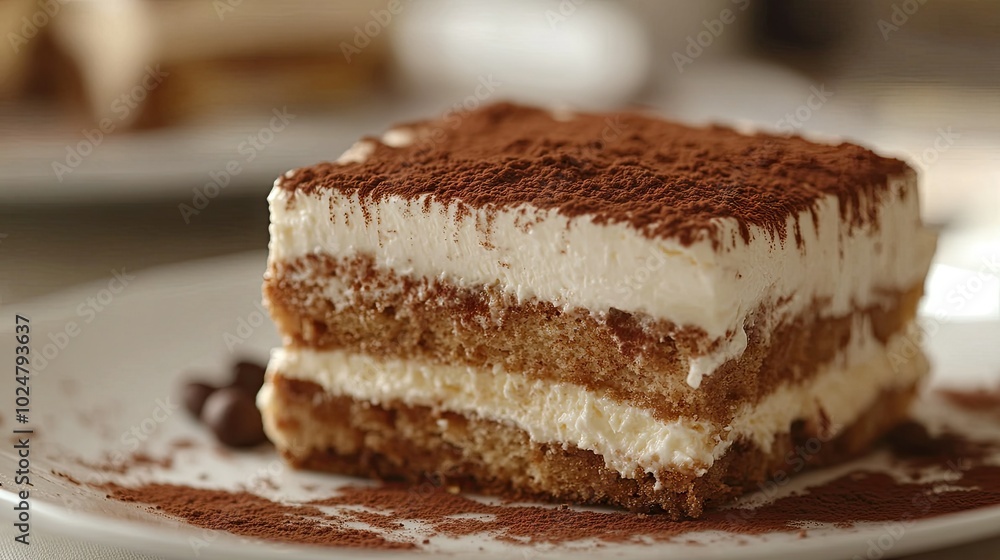 A close-up, dynamic angle of a delicious Tiramisu, showcasing its creamy mascarpone layers and cocoa dusting, with a hint of coffee flavor peeking through for a tantalizing dessert presentation A close-up, dynamic angle of a delicious Tiramisu, showcasing its creamy mascarpone layers and cocoa dusting, with a hint of coffee flavor peeking through for a tantalizing dessert presentation