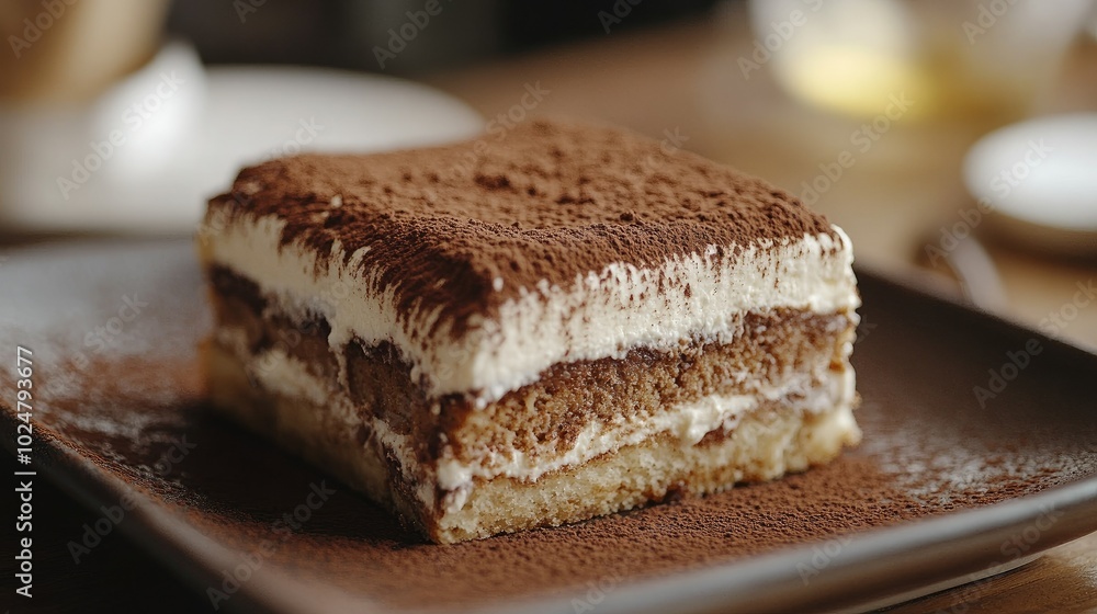 A close-up, dynamic angle of a delicious Tiramisu, showcasing its creamy mascarpone layers and cocoa dusting, with a hint of coffee flavor peeking through for a tantalizing dessert presentation A close-up, dynamic angle of a delicious Tiramisu, showcasing its creamy mascarpone layers and cocoa dusting, with a hint of coffee flavor peeking through for a tantalizing dessert presentation
