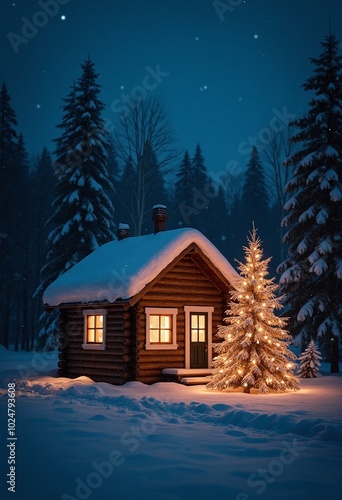 A serene winter night scene with a charming cabin lit warmly against a snowy backdrop, accompanied by a glowing, decorated Christmas tree