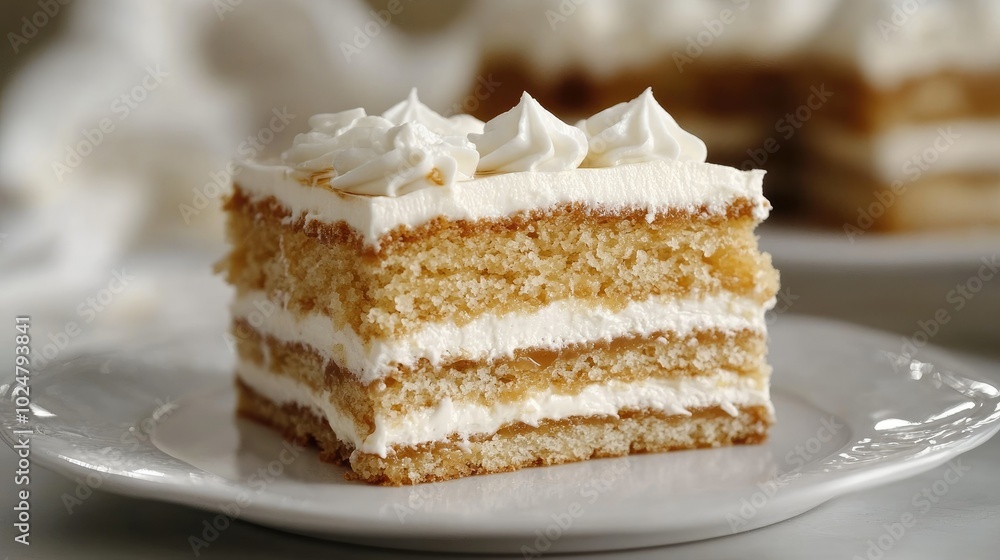 A close-up of a square slice of Russian honey cake, Medovik, with soft layers and a creamy sour cream topping, served on a sleek white plate, isolated against a neutral backdrop. A close-up of a square slice of Russian honey cake, Medovik, with soft layers and a creamy sour cream topping, served on a sleek white plate, isolated against a neutral backdrop.