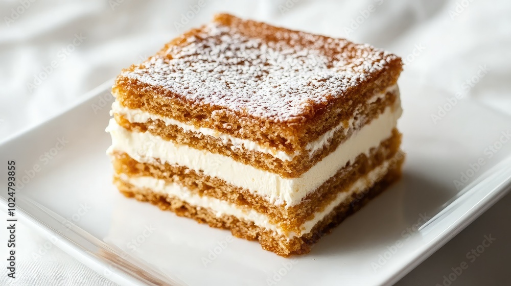 A close-up of a square slice of Russian honey cake, Medovik, with soft layers and a creamy sour cream topping, served on a sleek white plate, isolated against a neutral backdrop. A close-up of a square slice of Russian honey cake, Medovik, with soft layers and a creamy sour cream topping, served on a sleek white plate, isolated against a neutral backdrop.