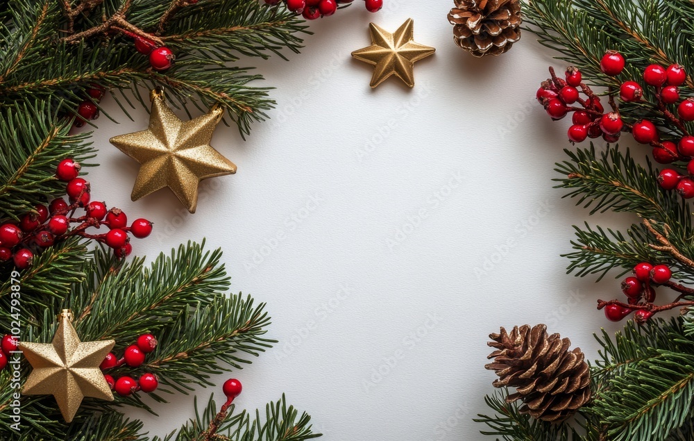 Festive arrangement of pine branches, berries, and stars for a winter holiday celebration Festive arrangement of pine branches, berries, and stars for a winter holiday celebration