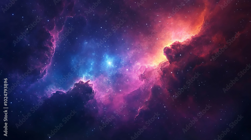 Fototapeta premium A vibrant nebula with swirling clouds of gas and dust in shades of red, pink, and blue, illuminated by distant stars.