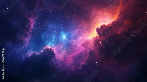 A vibrant nebula with swirling clouds of gas and dust in shades of red, pink, and blue, illuminated by distant stars.