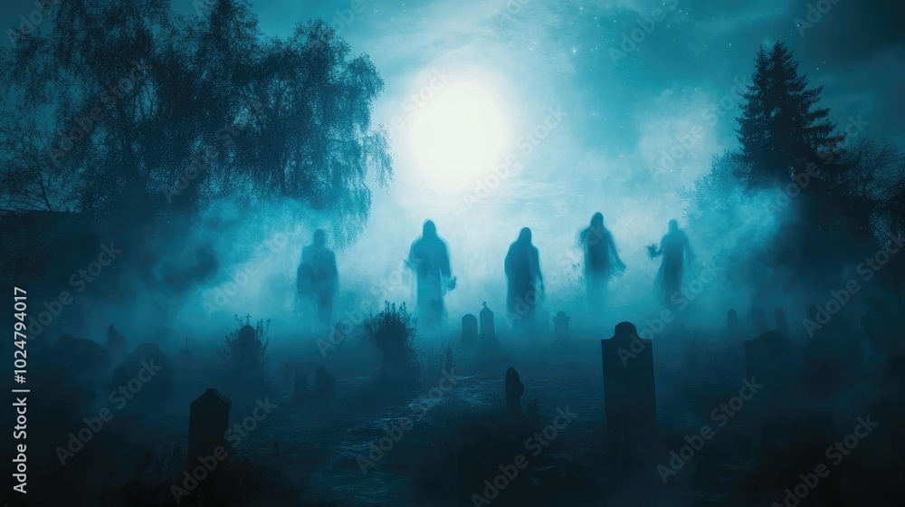 A creepy Halloween scene with ghostly apparitions in various forms, hovering above the ground in a misty, moonlit graveyard A creepy Halloween scene with ghostly apparitions in various forms, hovering above the ground in a misty, moonlit graveyard
