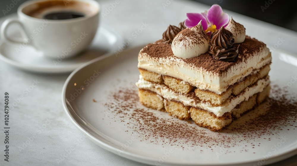 A close-up of Tiramisu on a white plate, highlighting the creamy mascarpone and layered biscuits, served alongside a cup of coffee, all presented on a stylish gray concrete background. A close-up of Tiramisu on a white plate, highlighting the creamy mascarpone and layered biscuits, served alongside a cup of coffee, all presented on a stylish gray concrete background.