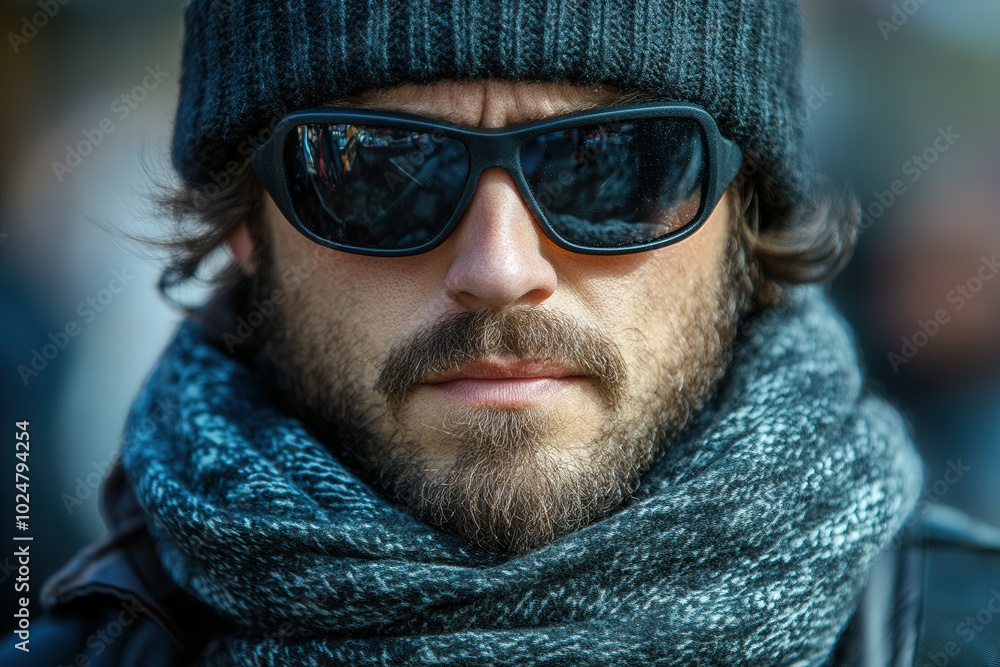 A man dressed in a warm beanie and dark sunglasses stands confidently in a bustling urban area, exuding a sense of coolness and style. The winter atmosphere highlights his layered clothing and serious A man dressed in a warm beanie and dark sunglasses stands confidently in a bustling urban area, exuding a sense of coolness and style. The winter atmosphere highlights his layered clothing and serious